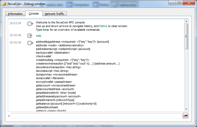PRC-console tab in console window in Novacoin-QT GUI